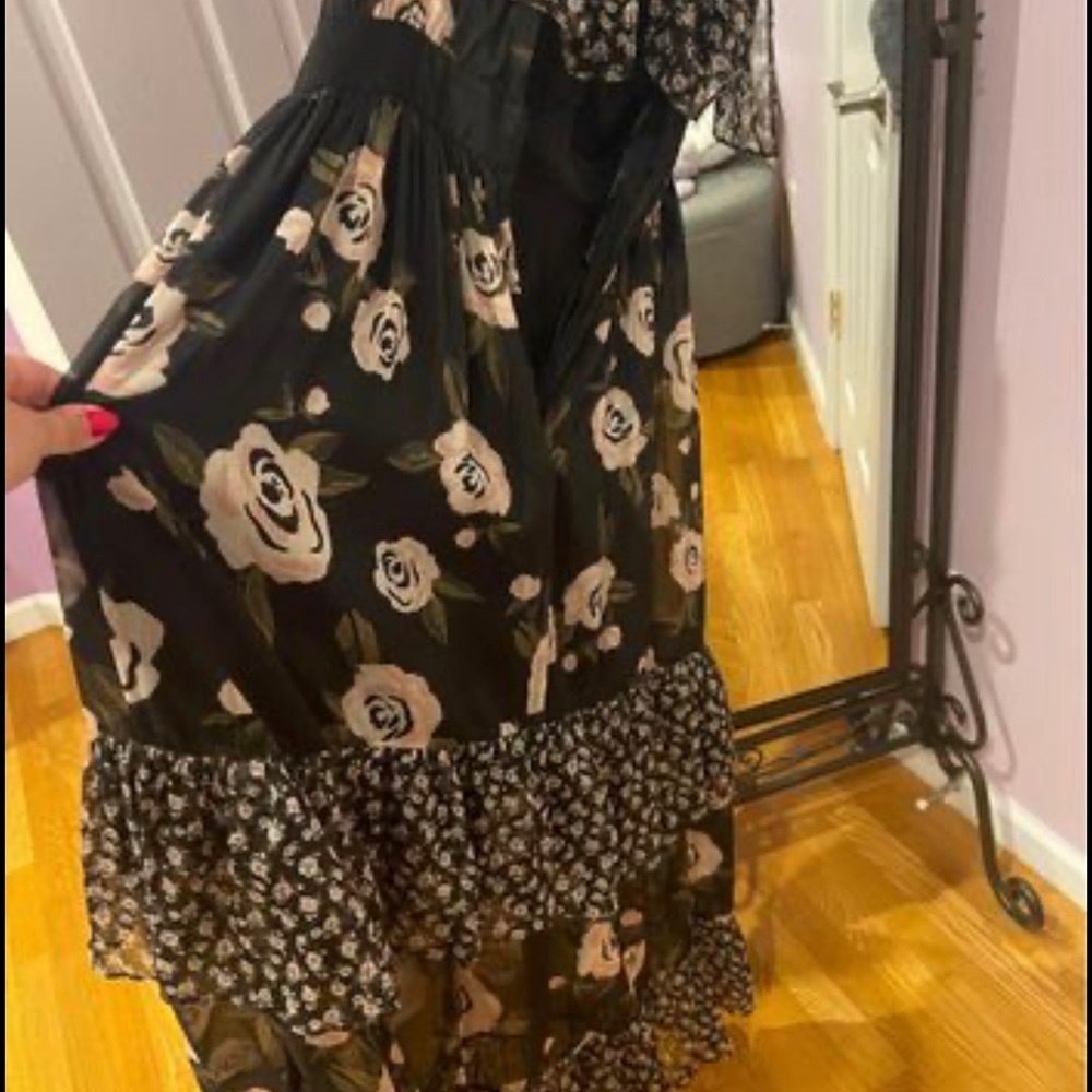 Long, black, flowy BeBe dress with flowers; worn twice